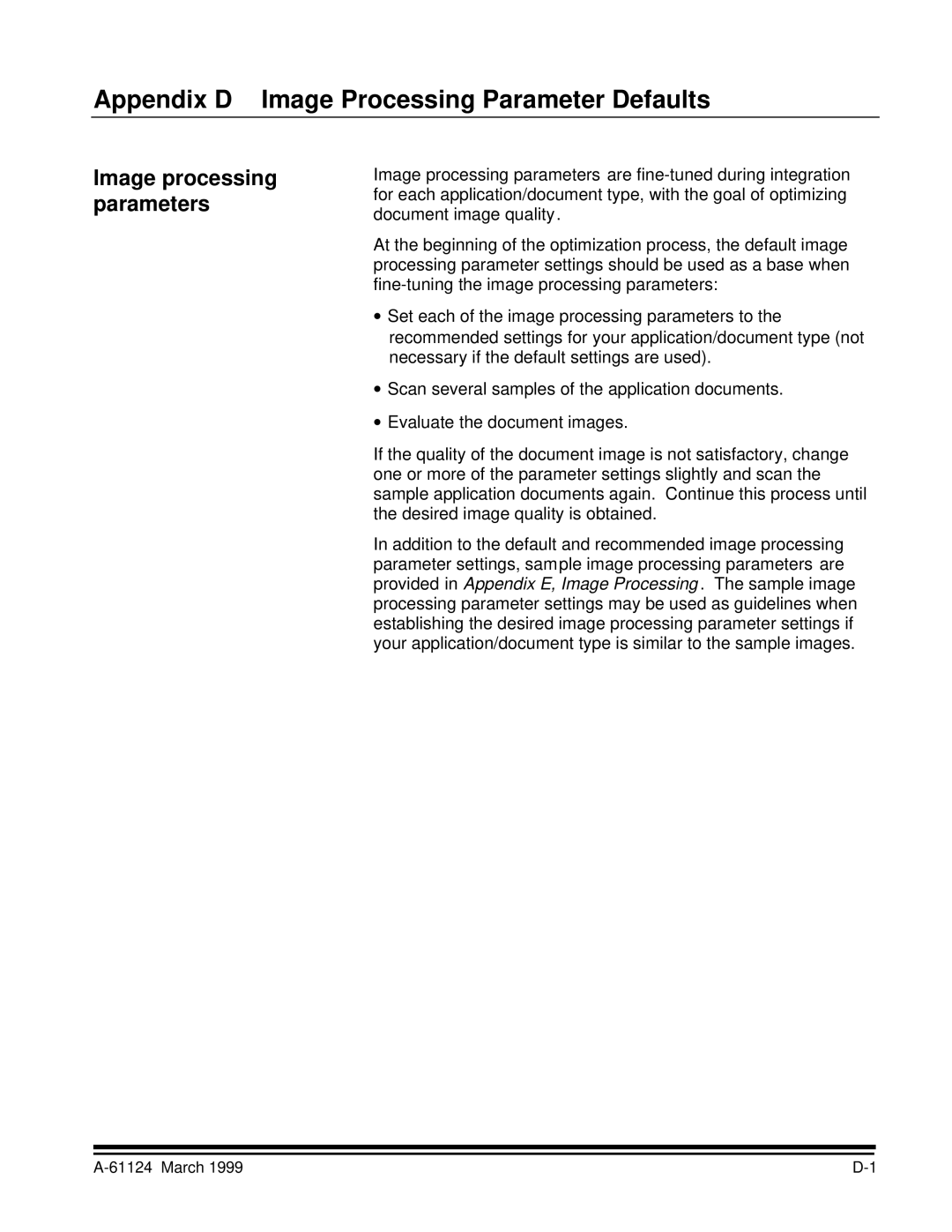 Kodak 9500 manual Appendix D Image Processing Parameter Defaults, Image processing parameters 