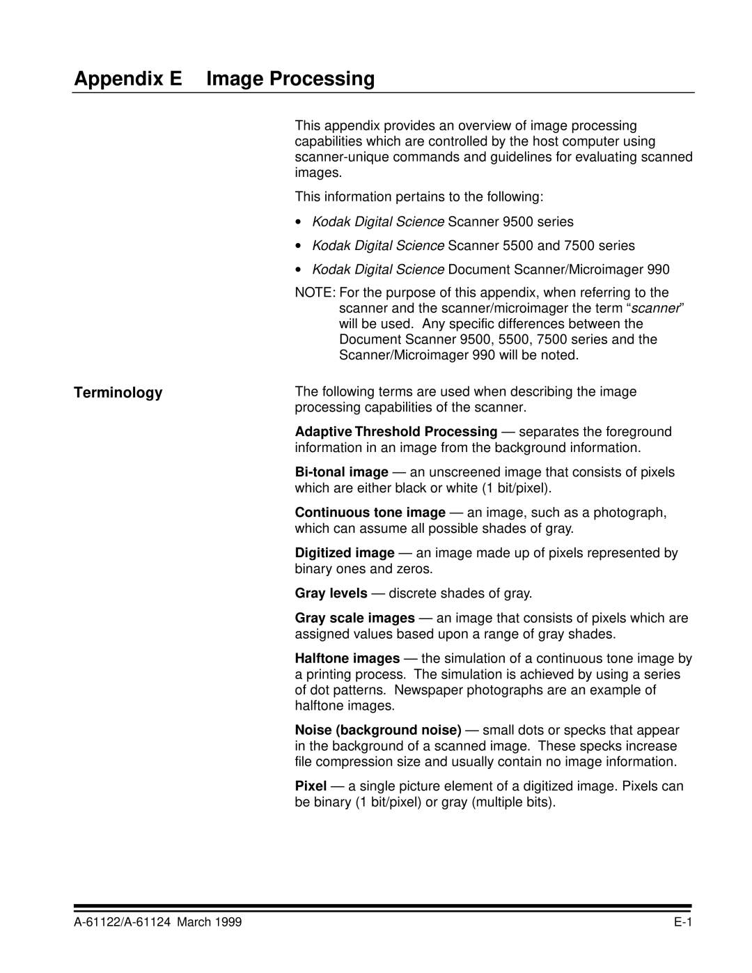 Kodak 9500 manual Appendix E Image Processing, Terminology, Adaptive Threshold Processing separates the foreground 