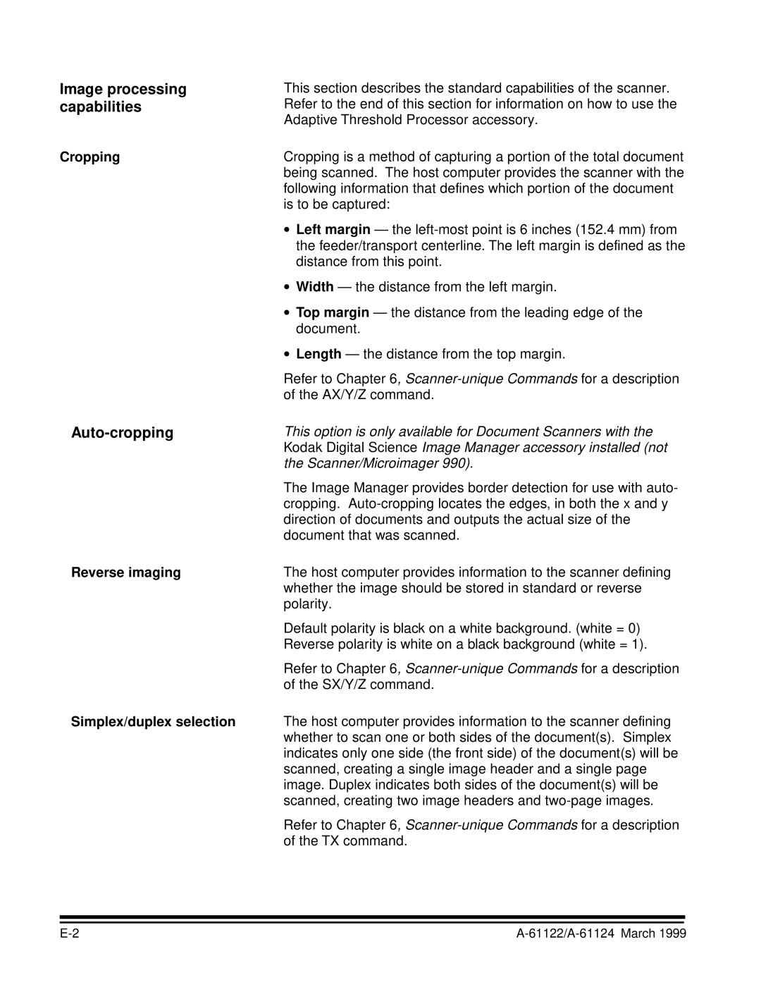 Kodak 9500 manual Image processing capabilities, Auto-cropping, Reverse imaging Simplex/duplex selection 