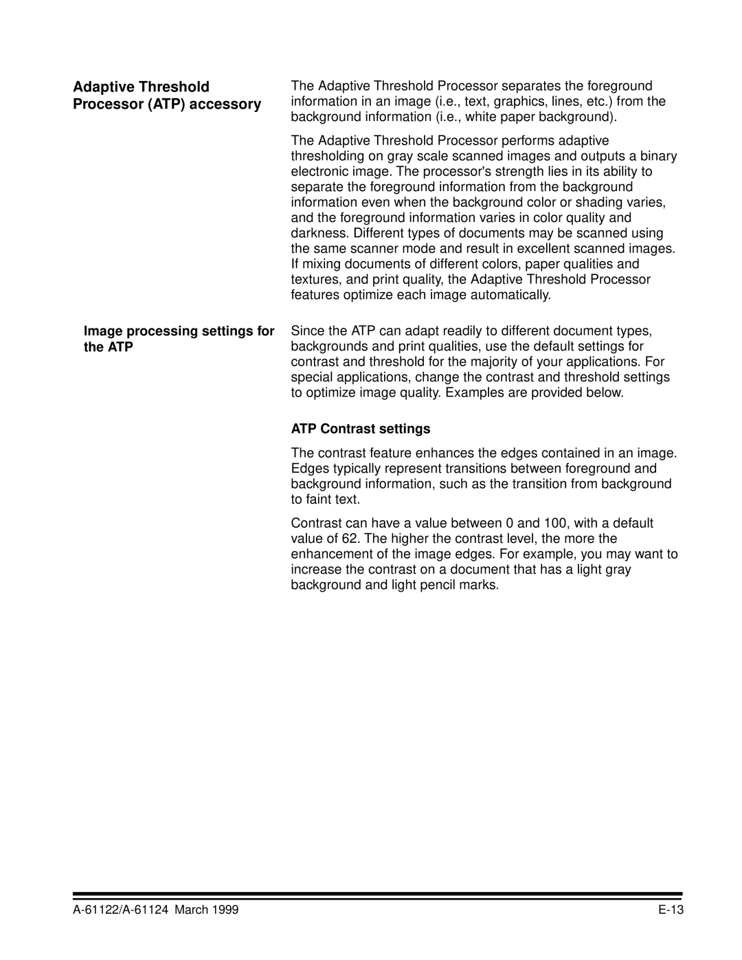 Kodak 9500 manual Adaptive Threshold Processor ATP accessory, Image processing settings for the ATP, ATP Contrast settings 