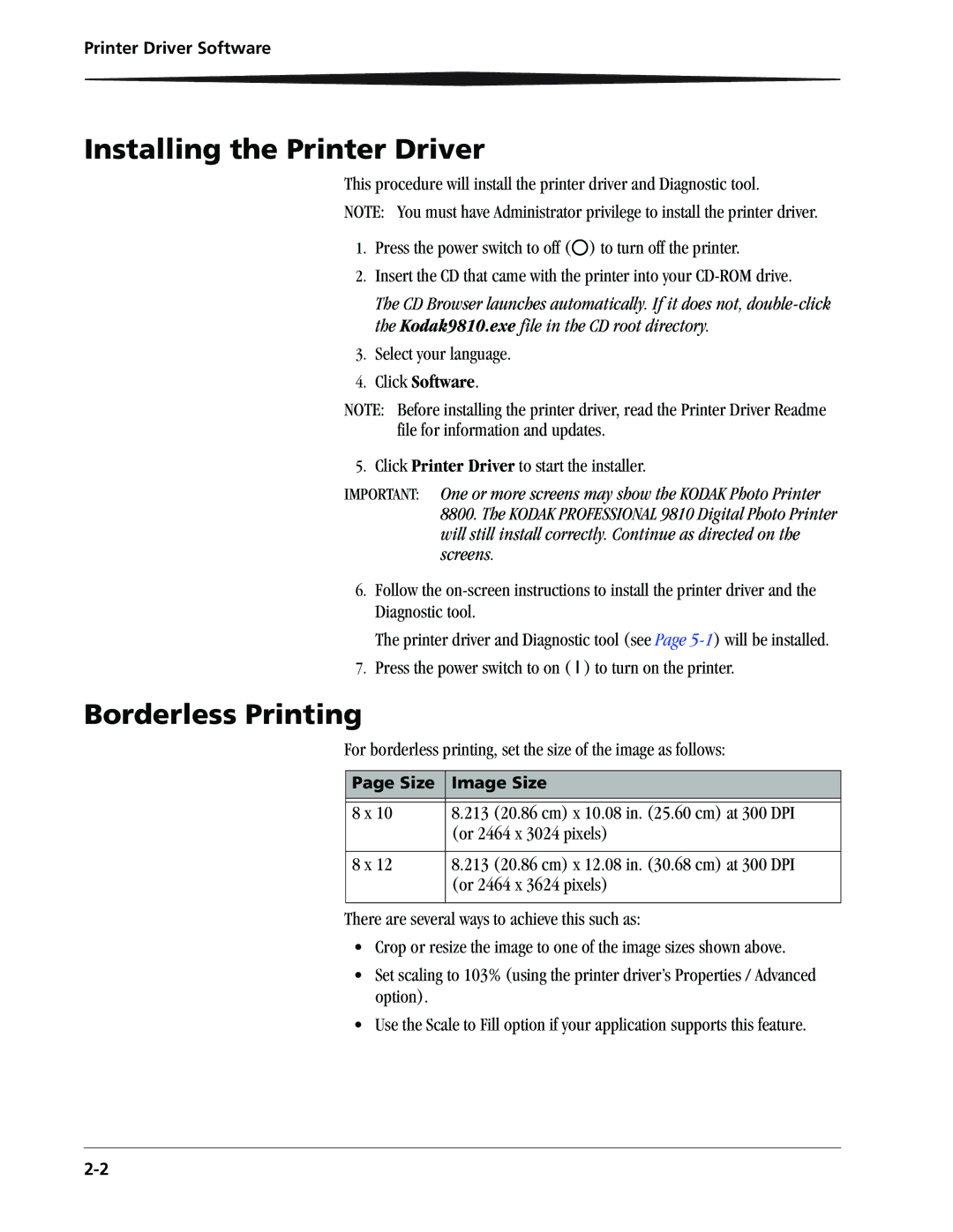 Kodak 9810 manual Installing the Printer Driver, Borderless Printing, Click Software 