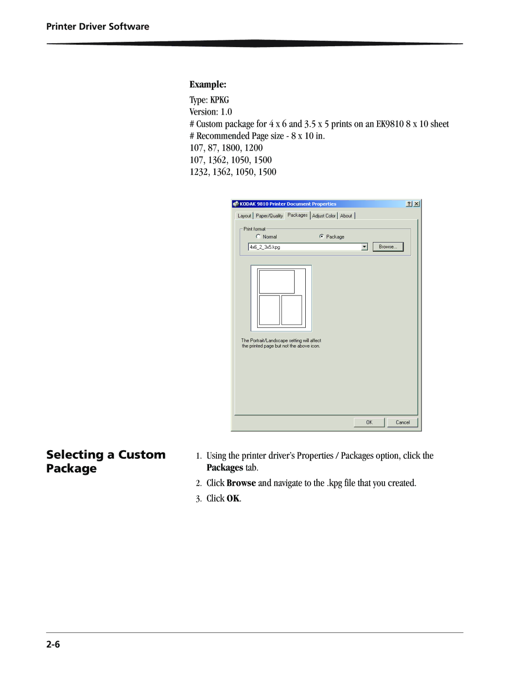 Kodak 9810 manual Selecting a Custom Package, Example 