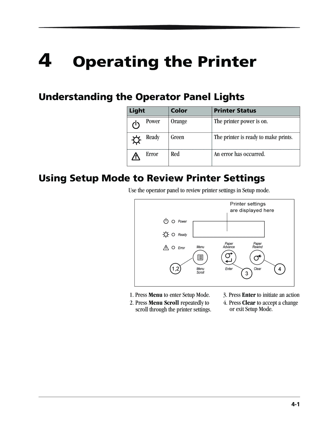 Kodak 9810 Operating the Printer, Understanding the Operator Panel Lights, Using Setup Mode to Review Printer Settings 