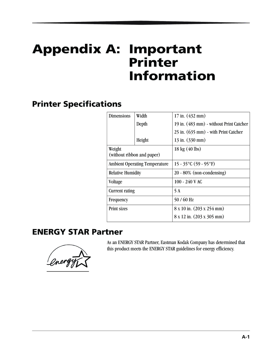 Kodak 9810 manual Appendix a Important Printer Information, Printer Specifications, Energy Star Partner 