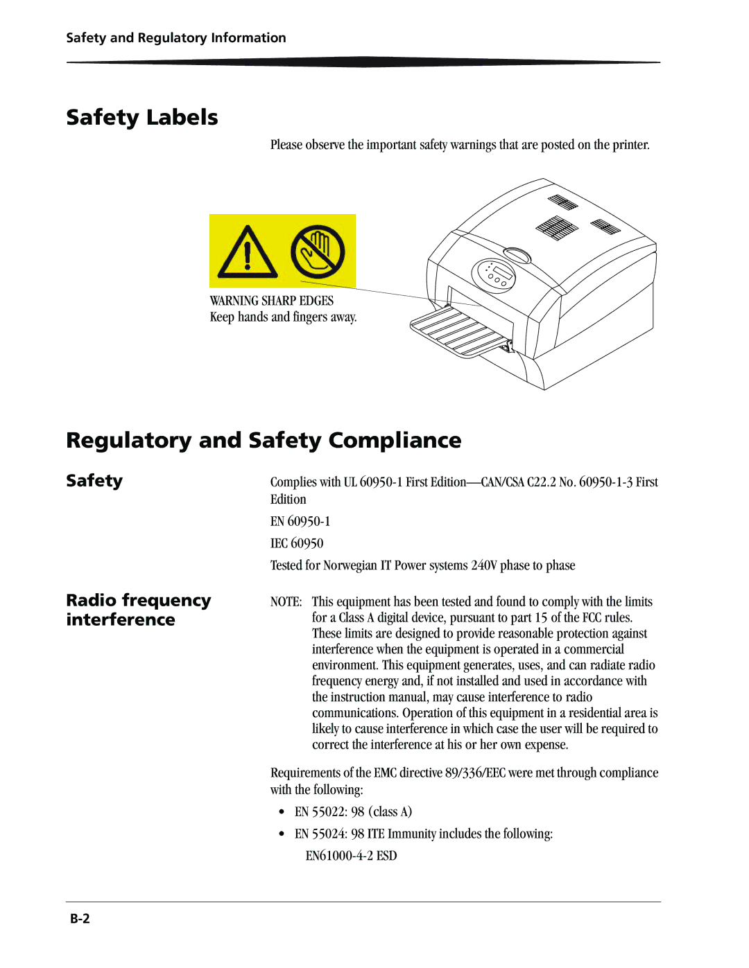 Kodak 9810 manual Safety Labels, Regulatory and Safety Compliance, Safety Radio frequency interference 