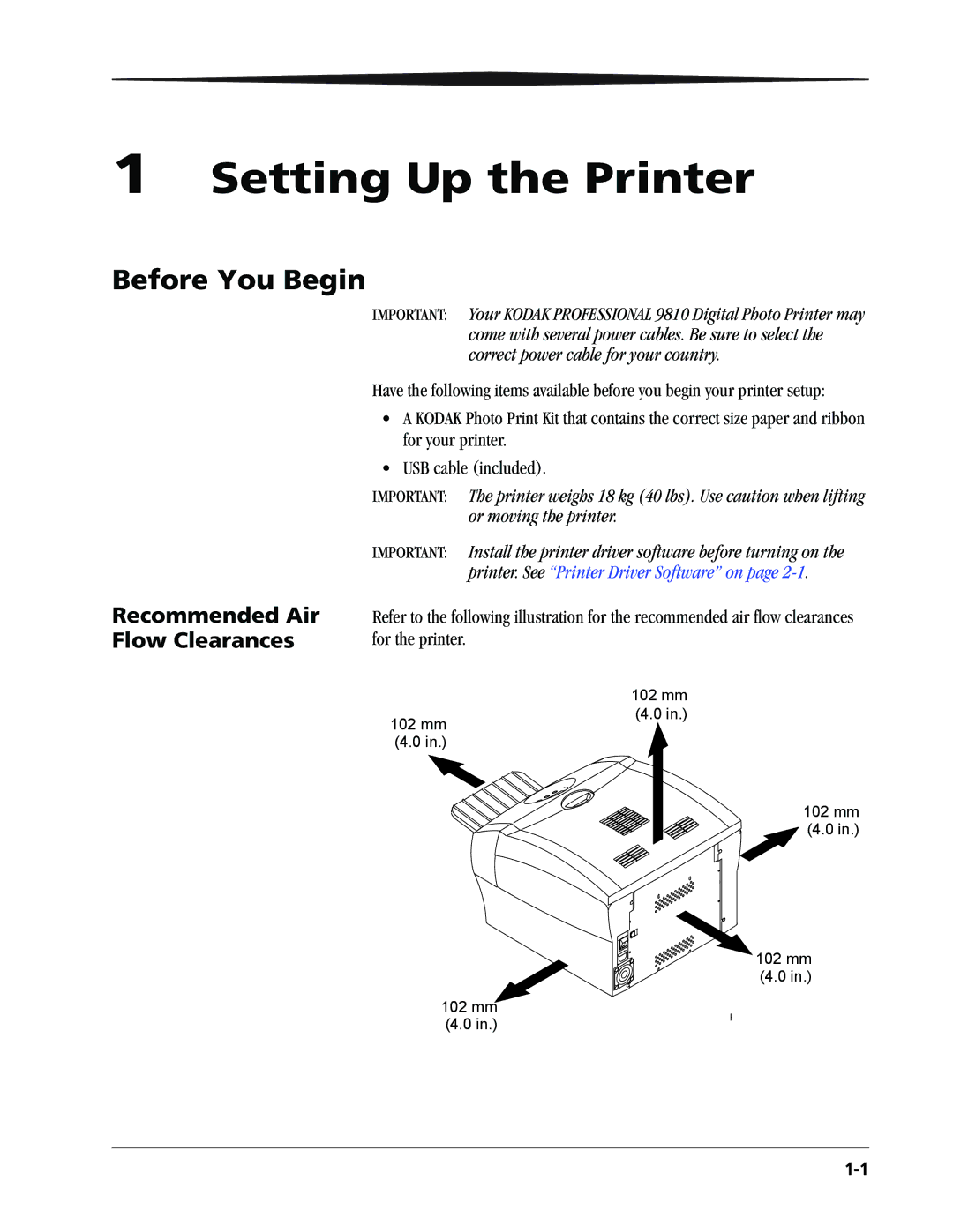 Kodak 9810 manual Setting Up the Printer, Before You Begin, Recommended Air Flow Clearances 