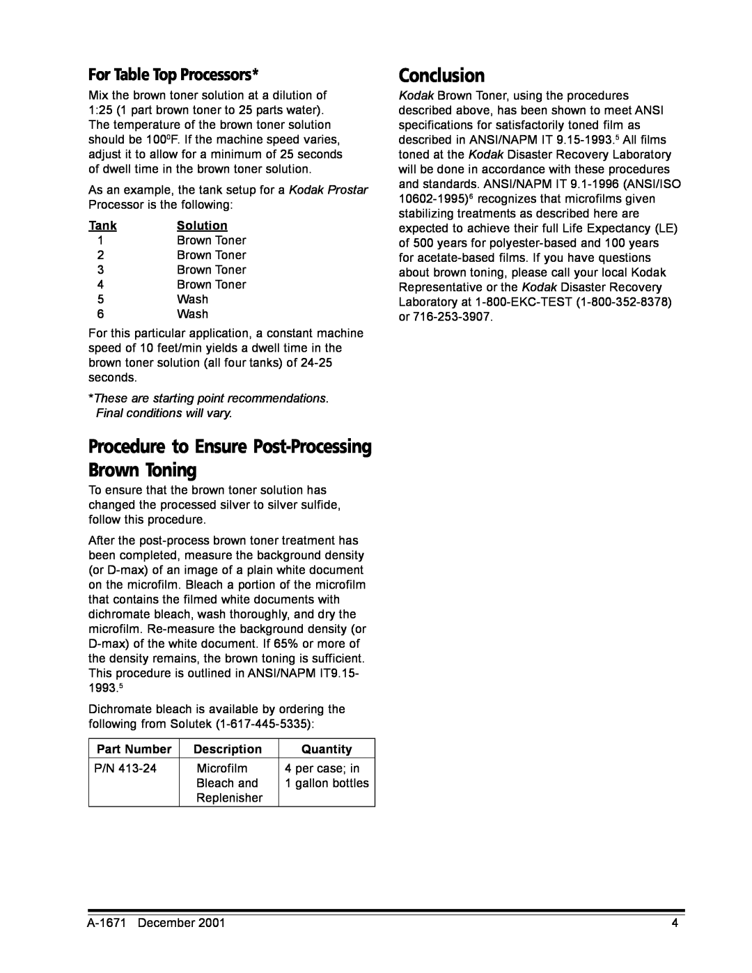 Kodak A-1671 manual Conclusion, For Table Top Processors, Tank Solution, Part Number, Description, Quantity 