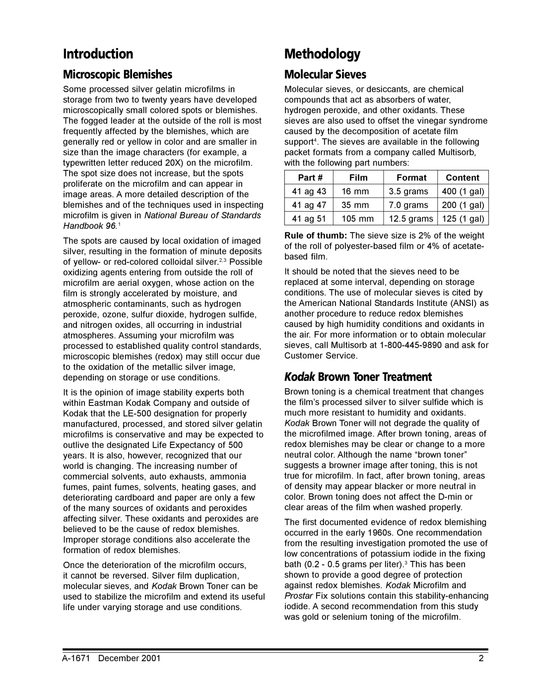 Kodak A-1671 manual Introduction, Methodology, Microscopic Blemishes, Molecular Sieves, Kodak Brown Toner Treatment 