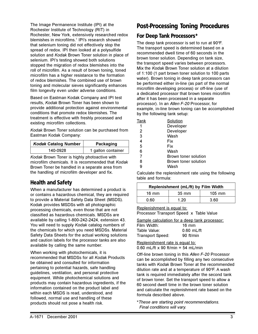 Kodak A-1671 manual For Deep Tank Processors, Health and Safety, Kodak Catalog Number Packaging 