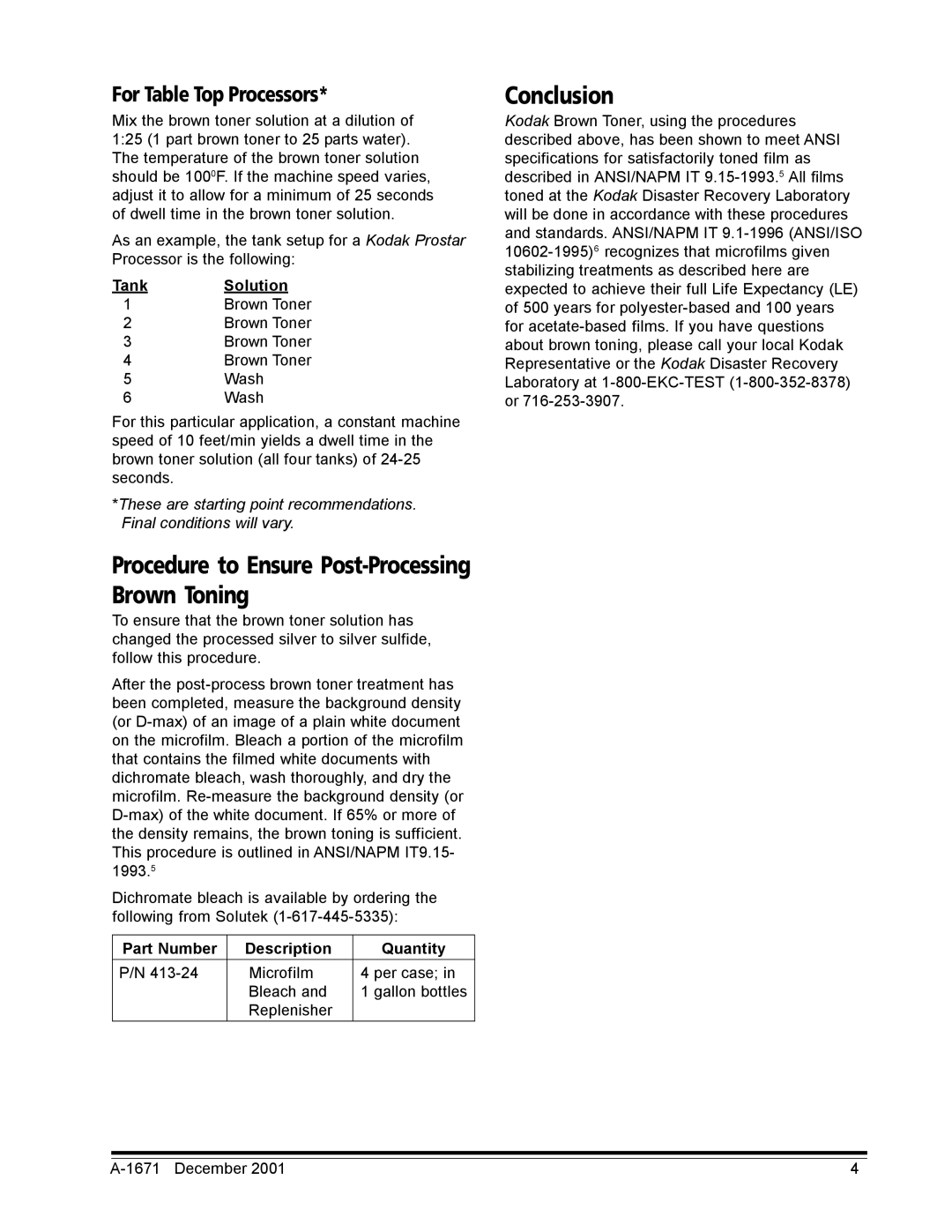 Kodak A-1671 manual Conclusion, For Table Top Processors, Tank Solution, Part Number Description Quantity 