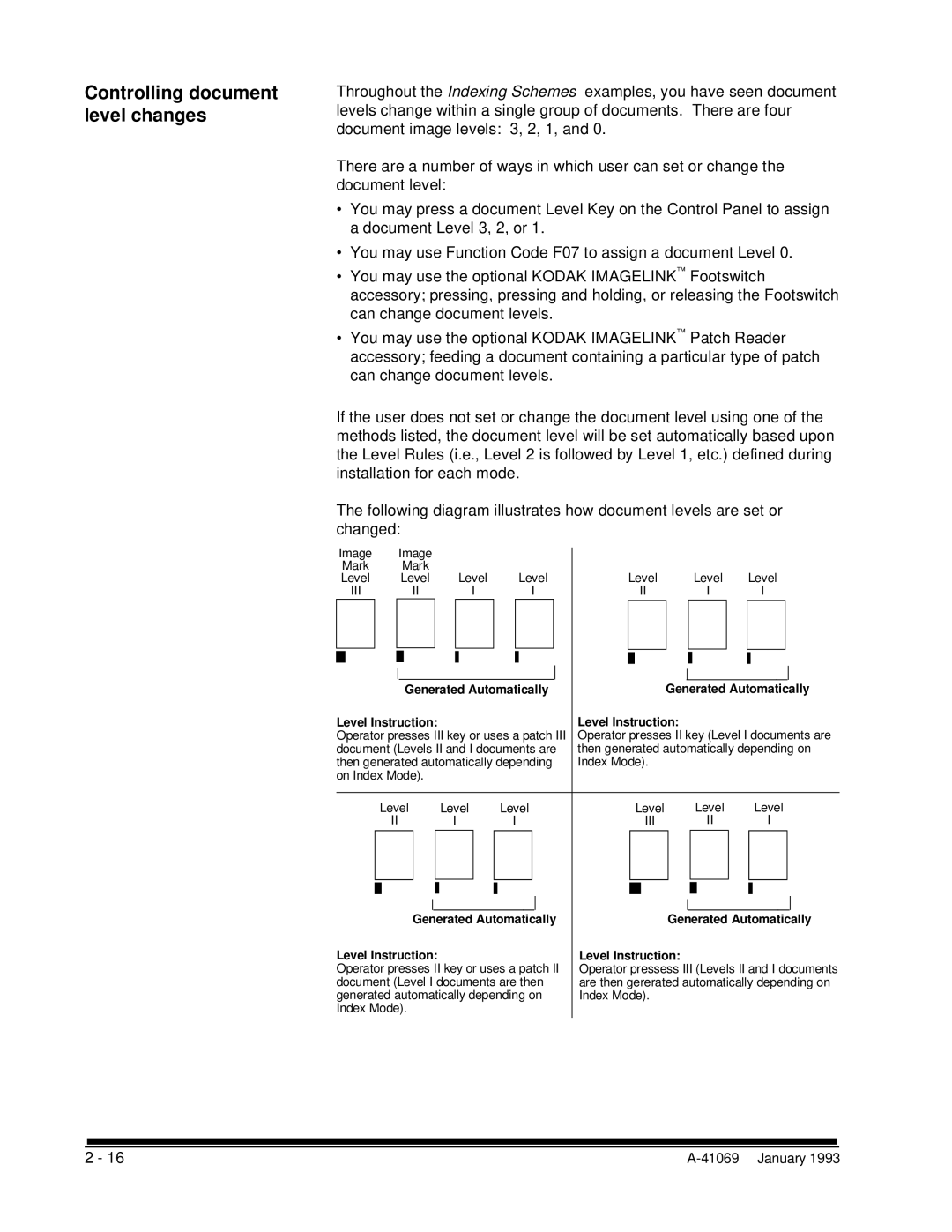 Kodak A-41069 user manual Controlling document level changes, Level Instruction 