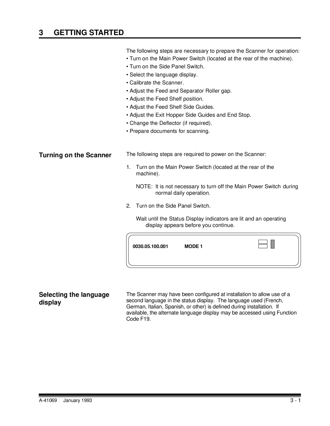 Kodak A-41069 user manual Getting Started, Turning on the Scanner, Selecting the language display 