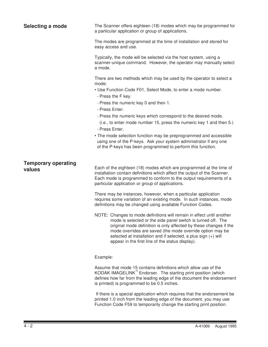 Kodak A-41069 user manual Selecting a mode Temporary operating values 