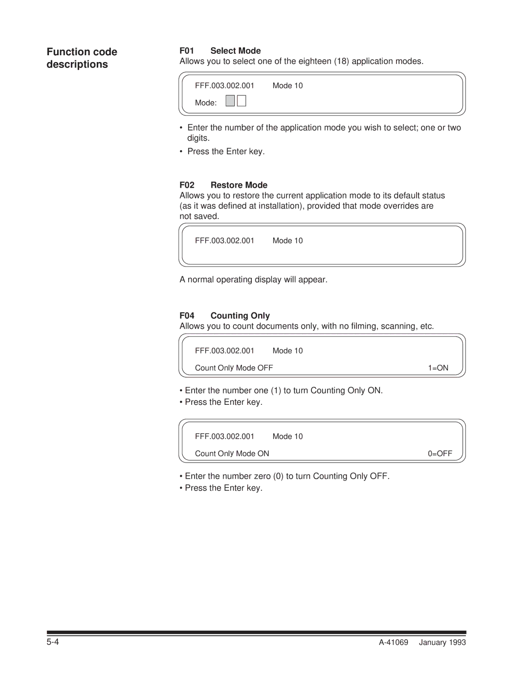 Kodak A-41069 user manual Function code descriptions, F01 Select Mode, F02 Restore Mode, F04 Counting Only 