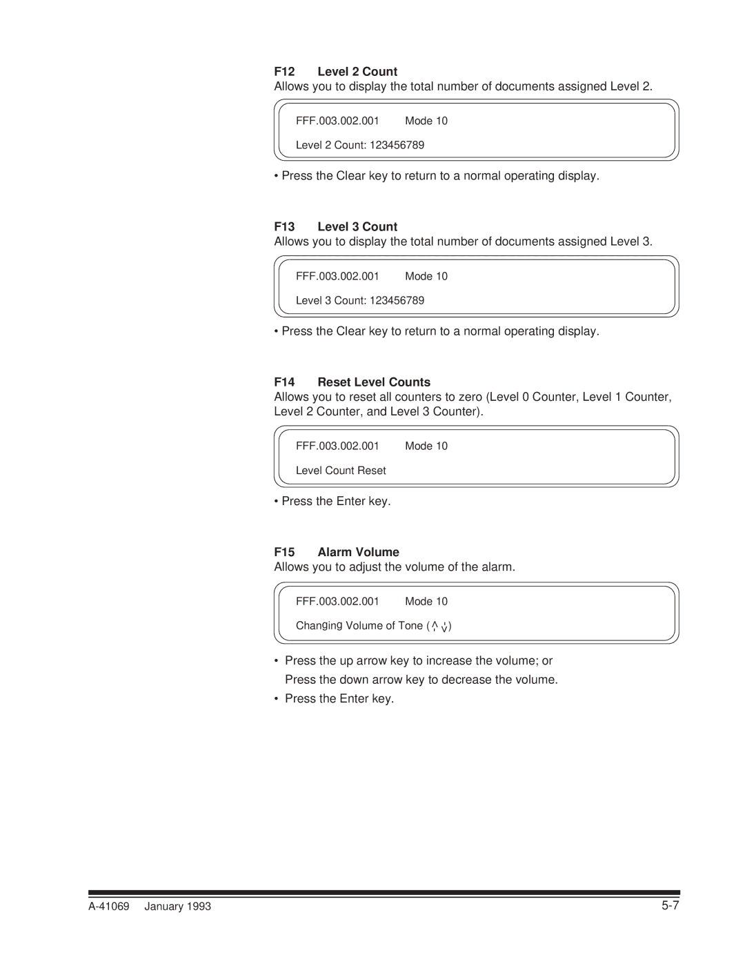 Kodak A-41069 user manual F12 Level 2 Count, F13 Level 3 Count, F14 Reset Level Counts, F15 Alarm Volume 