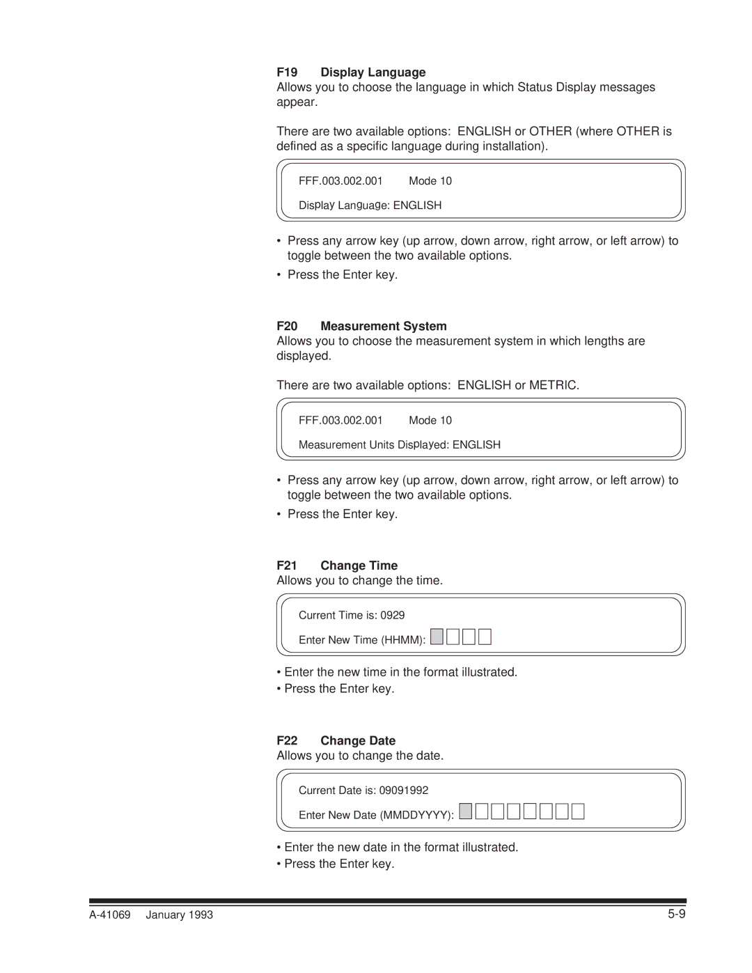 Kodak A-41069 user manual F19 Display Language, F20 Measurement System, F21 Change Time, F22 Change Date 