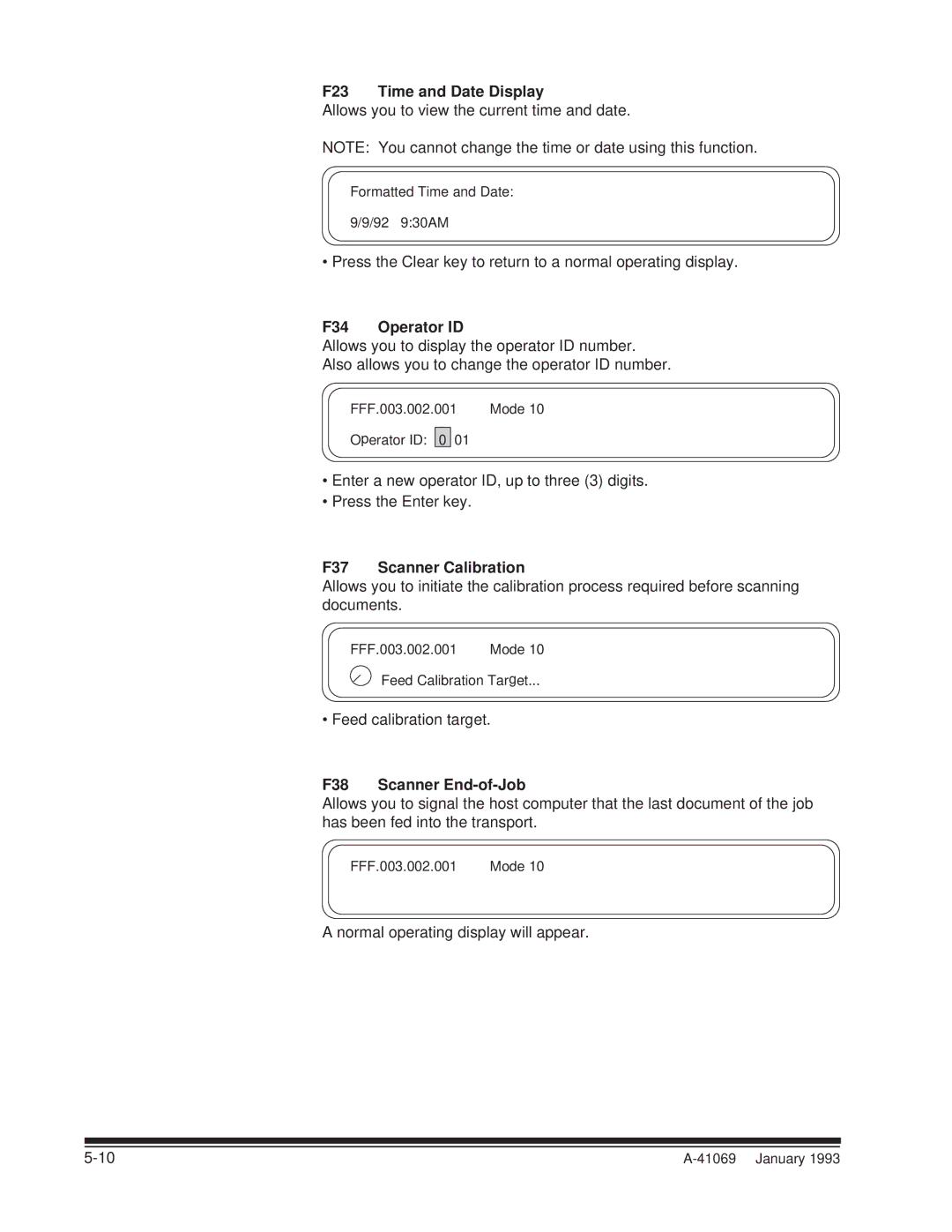 Kodak A-41069 user manual F23 Time and Date Display, F34 Operator ID, F37 Scanner Calibration, F38 Scanner End-of-Job 