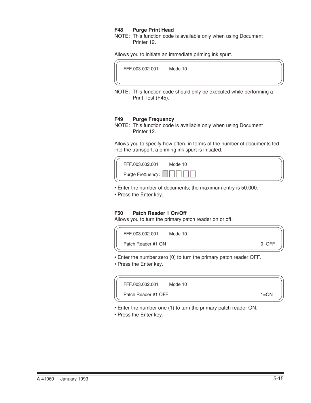 Kodak A-41069 user manual F48 Purge Print Head, F49 Purge Frequency, F50 Patch Reader 1 On/Off 