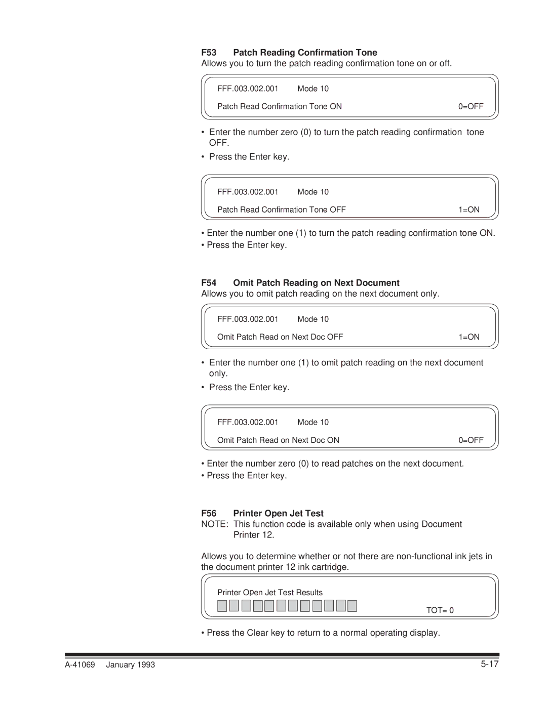 Kodak A-41069 F53 Patch Reading Confirmation Tone, F54 Omit Patch Reading on Next Document, F56 Printer Open Jet Test 