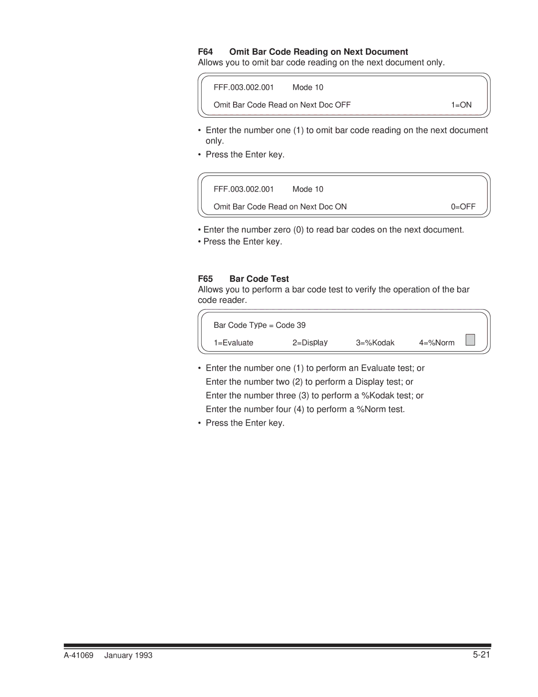 Kodak A-41069 user manual F64 Omit Bar Code Reading on Next Document, F65 Bar Code Test 