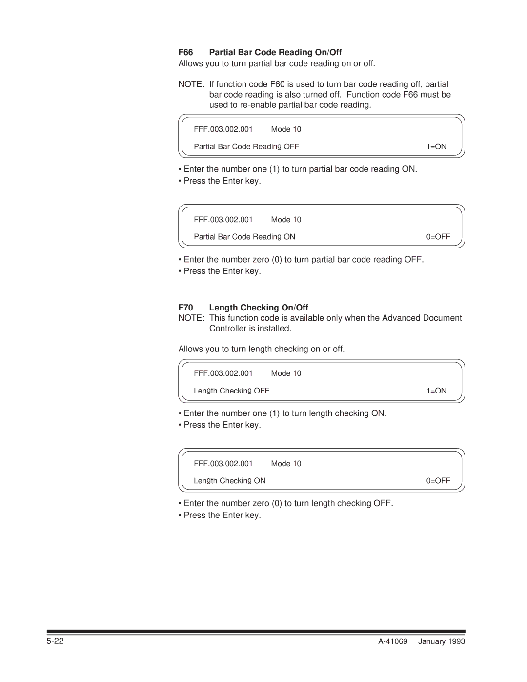 Kodak A-41069 user manual F66 Partial Bar Code Reading On/Off, F70 Length Checking On/Off 