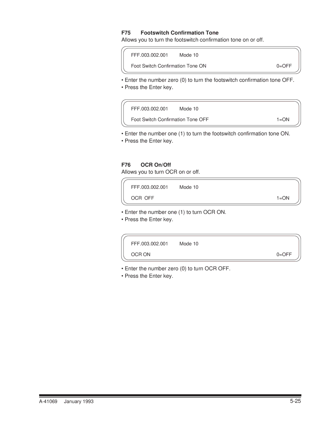 Kodak A-41069 user manual F75 Footswitch Confirmation Tone, F76 OCR On/Off 