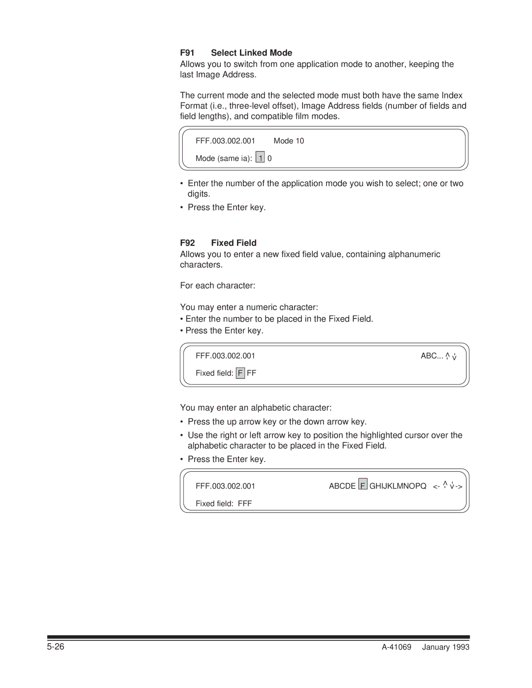 Kodak A-41069 user manual F91 Select Linked Mode, F92 Fixed Field 