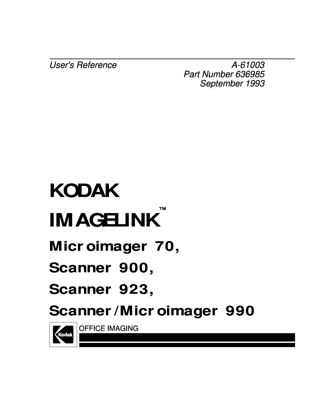 Kodak A-61003 manual Kodak Imagelink, Microimager Scanner Scanner Scanner/Microimager, Users Reference, September 