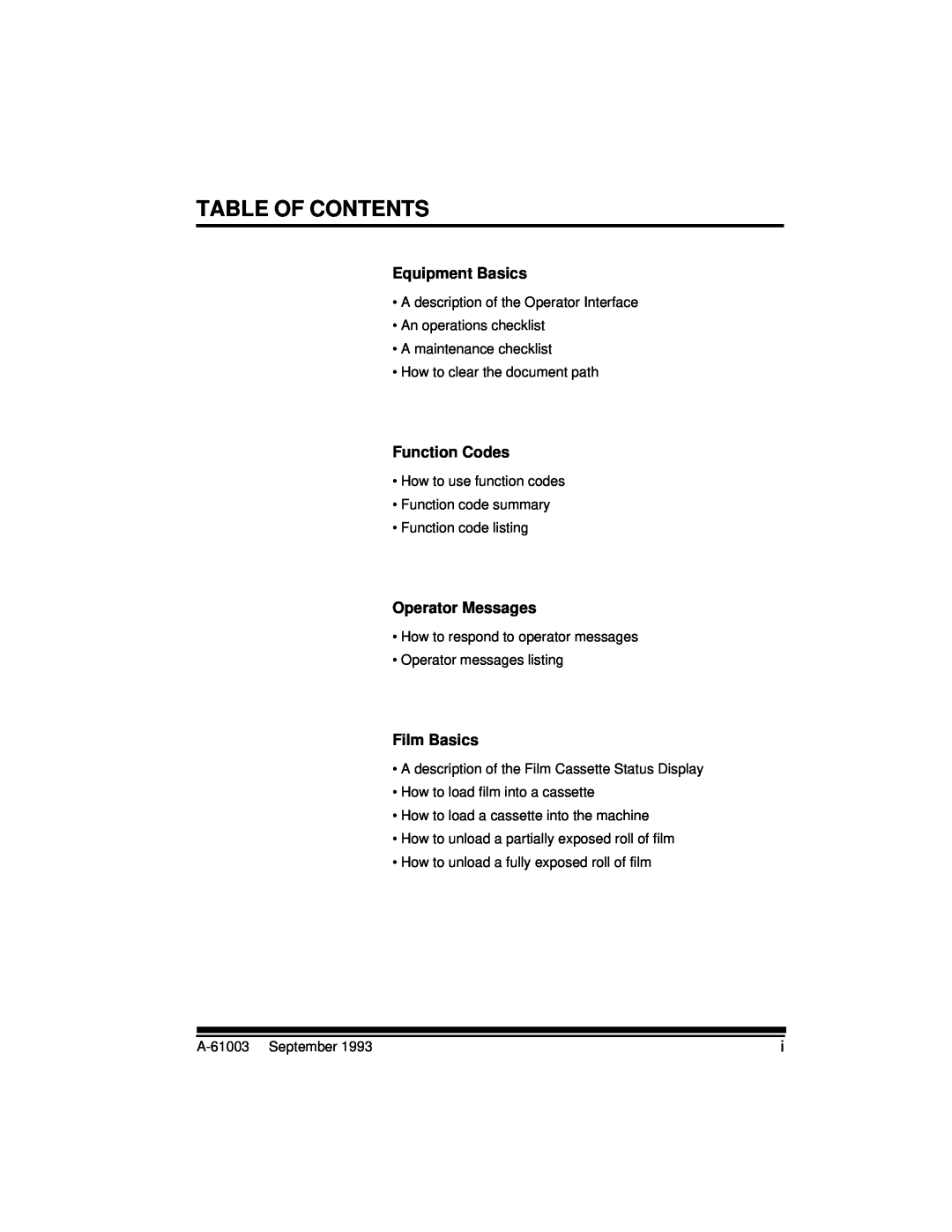 Kodak A-61003 manual Table Of Contents, Equipment Basics, Function Codes, Operator Messages, Film Basics 