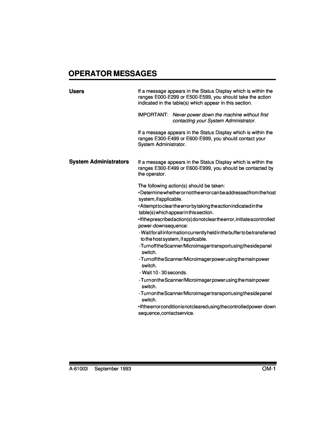 Kodak A-61003 manual Operator Messages, Users System Administrators, OM-1 