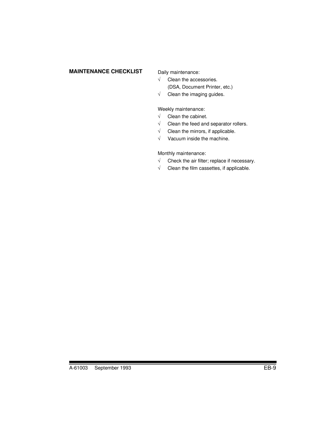 Kodak A-61003 manual Maintenance Checklist, EB-9 