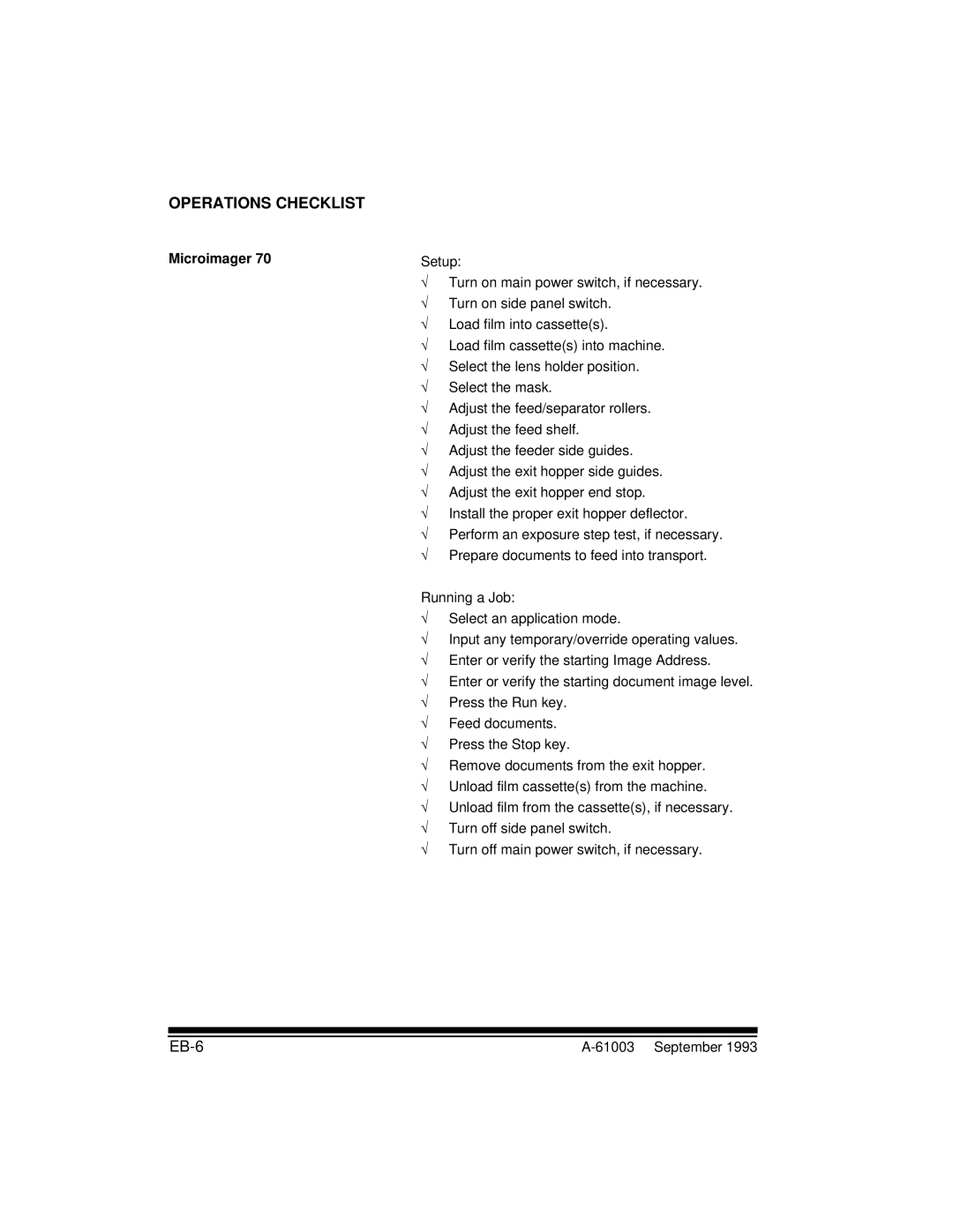 Kodak A-61003 manual Operations Checklist, EB-6, Microimager 