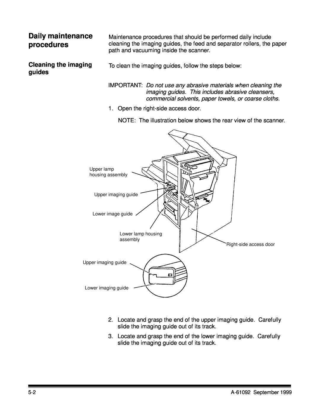 Kodak A-61092 manual Daily maintenance procedures, Cleaning the imaging guides 