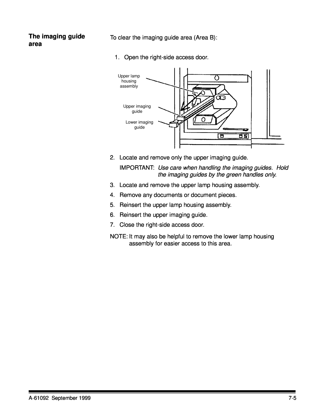 Kodak A-61092 manual The imaging guide area, Upper lamp housing assembly Upper imaging guide Lower imaging guide 