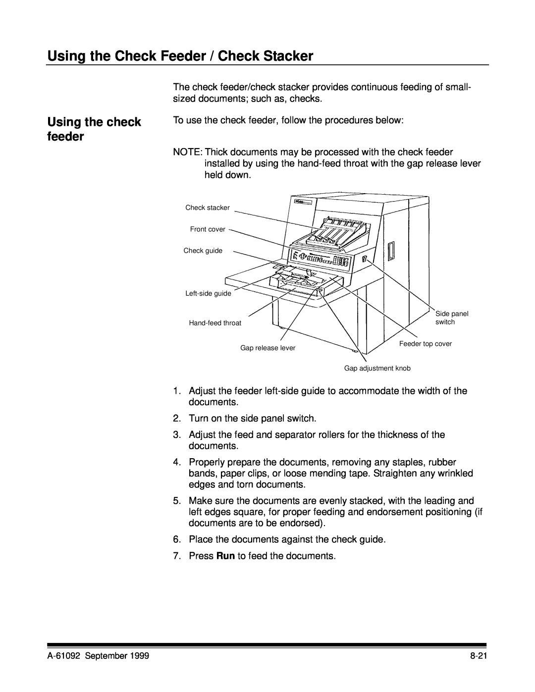 Kodak A-61092 manual Using the Check Feeder / Check Stacker, Using the check feeder 