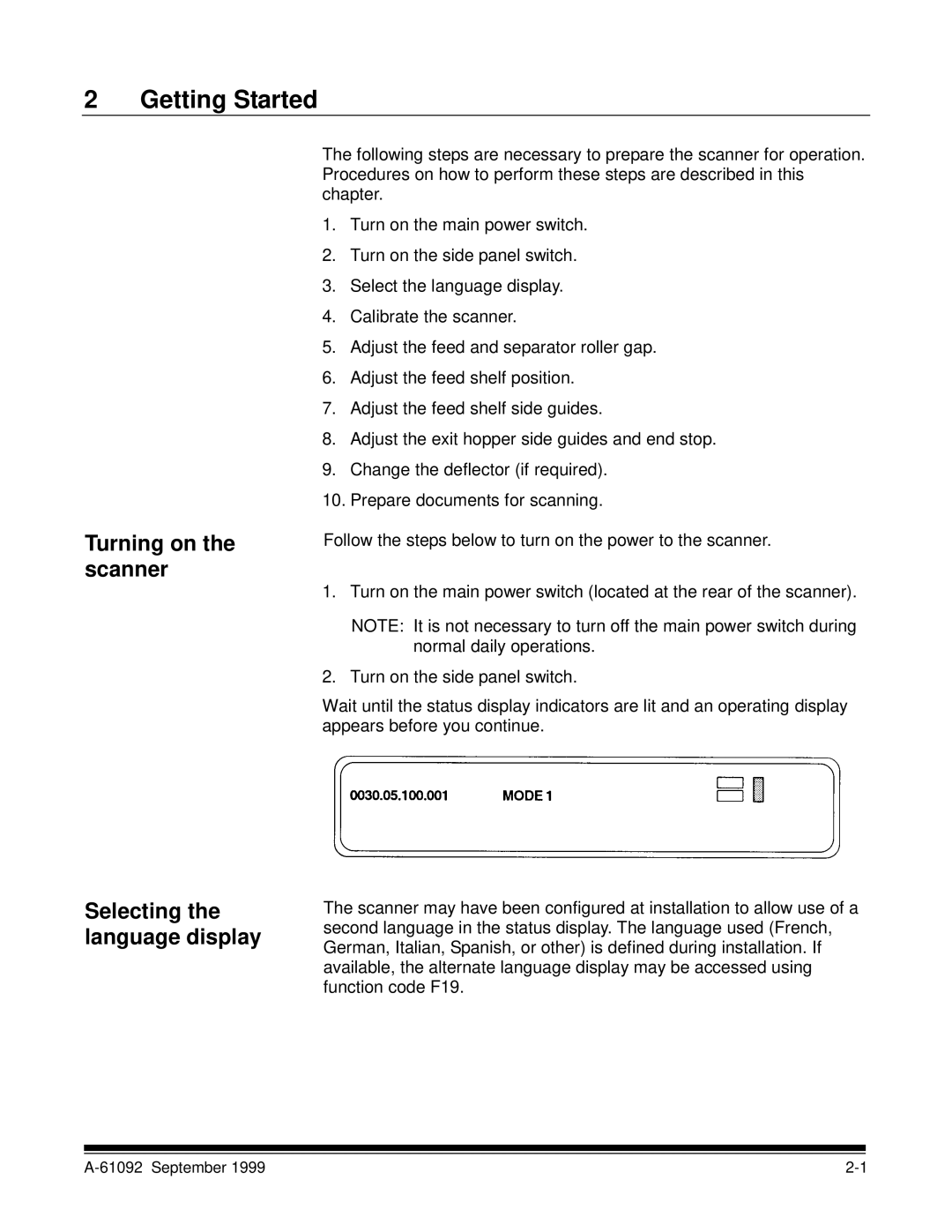 Kodak A-61092 manual Getting Started, Turning on the scanner, Selecting the language display 