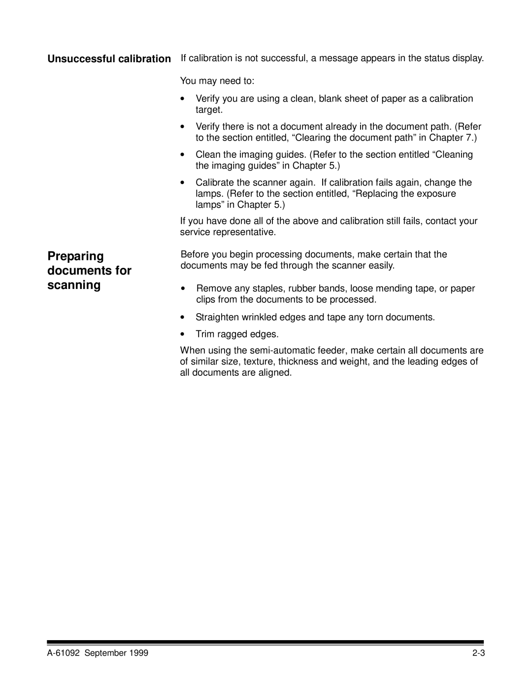 Kodak A-61092 manual Preparing documents for scanning, Unsuccessful calibration 