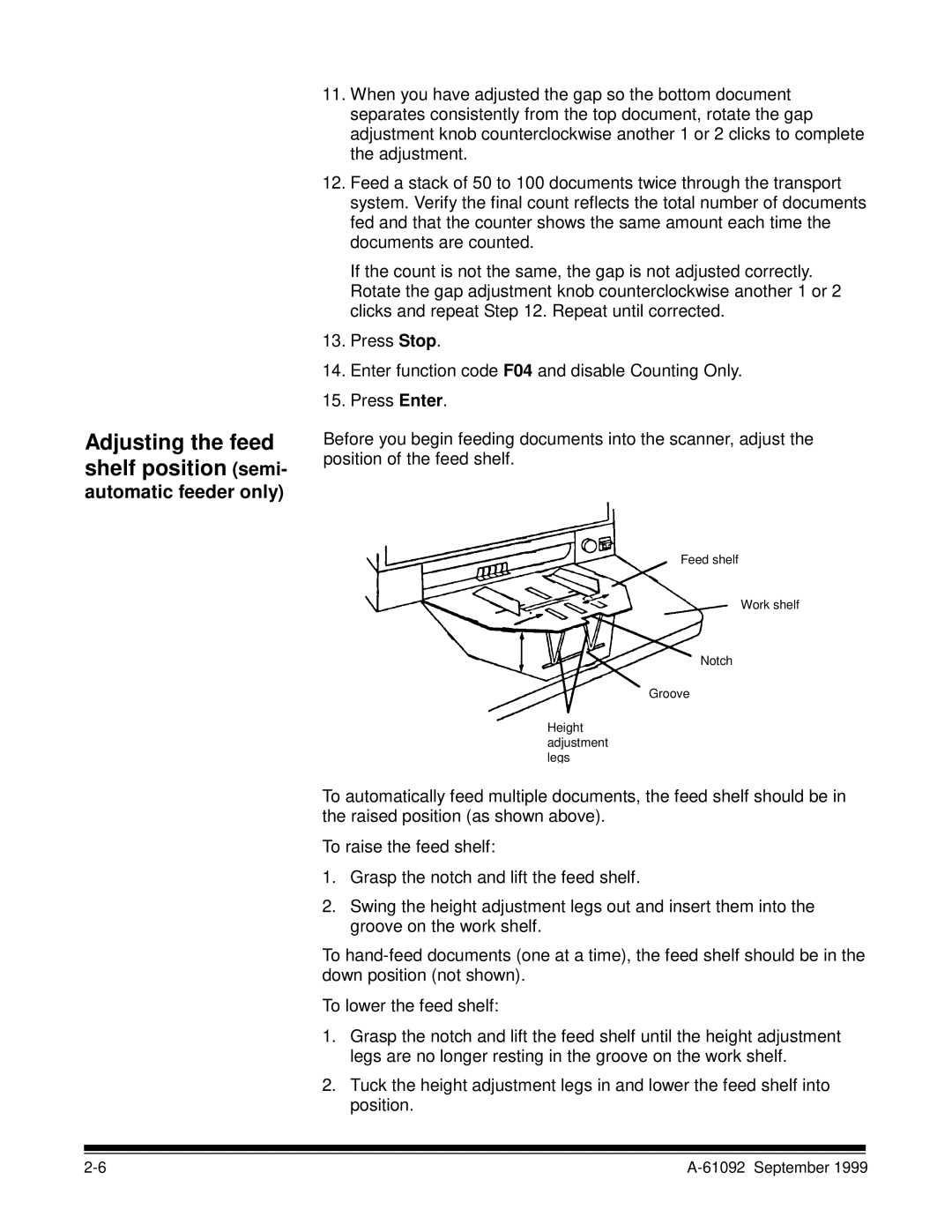 Kodak A-61092 manual Adjusting the feed shelf position semi, Automatic feeder only 