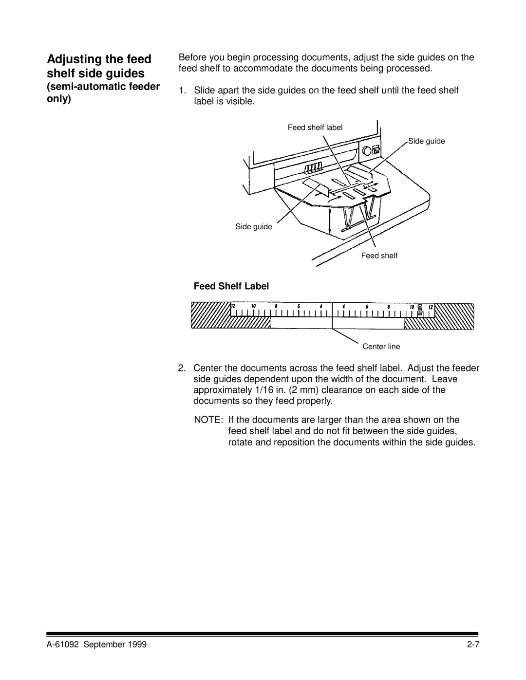 Kodak A-61092 manual Adjusting the feed shelf side guides, Semi-automatic feeder only, Feed Shelf Label 