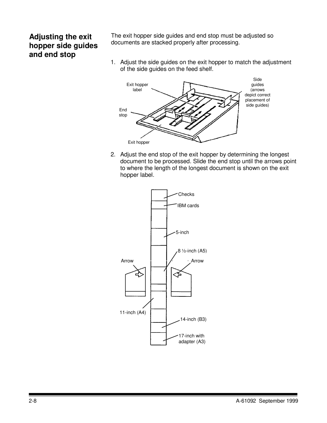 Kodak A-61092 manual Adjusting the exit hopper side guides and end stop 