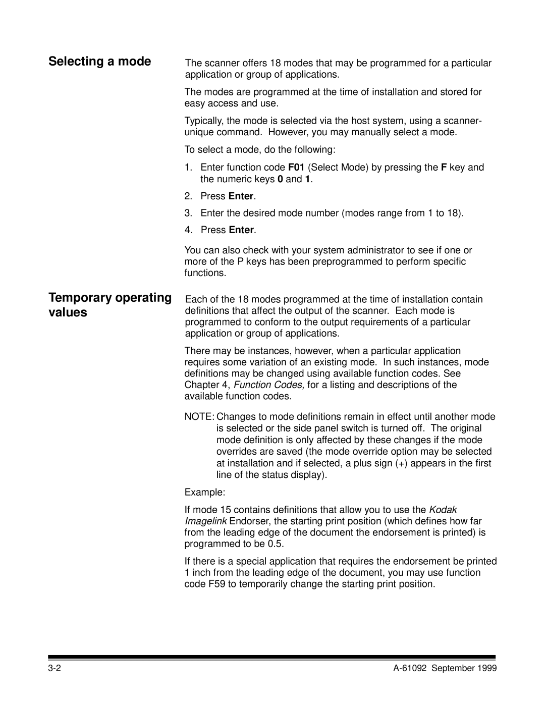 Kodak A-61092 manual Selecting a mode Temporary operating values 