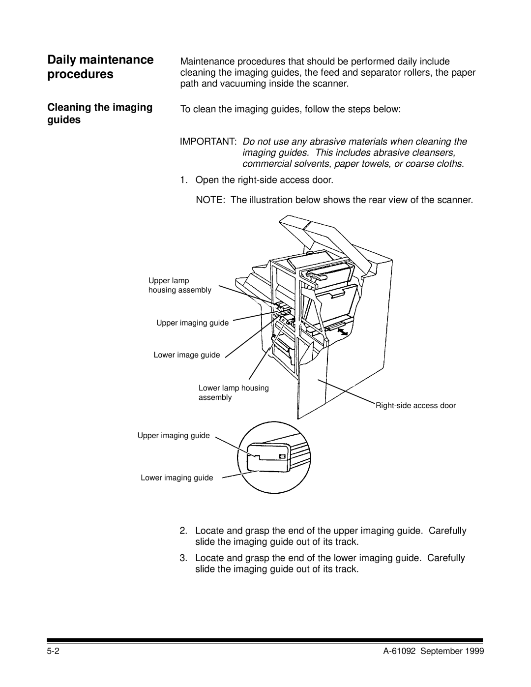 Kodak A-61092 manual Daily maintenance procedures, Cleaning the imaging guides 