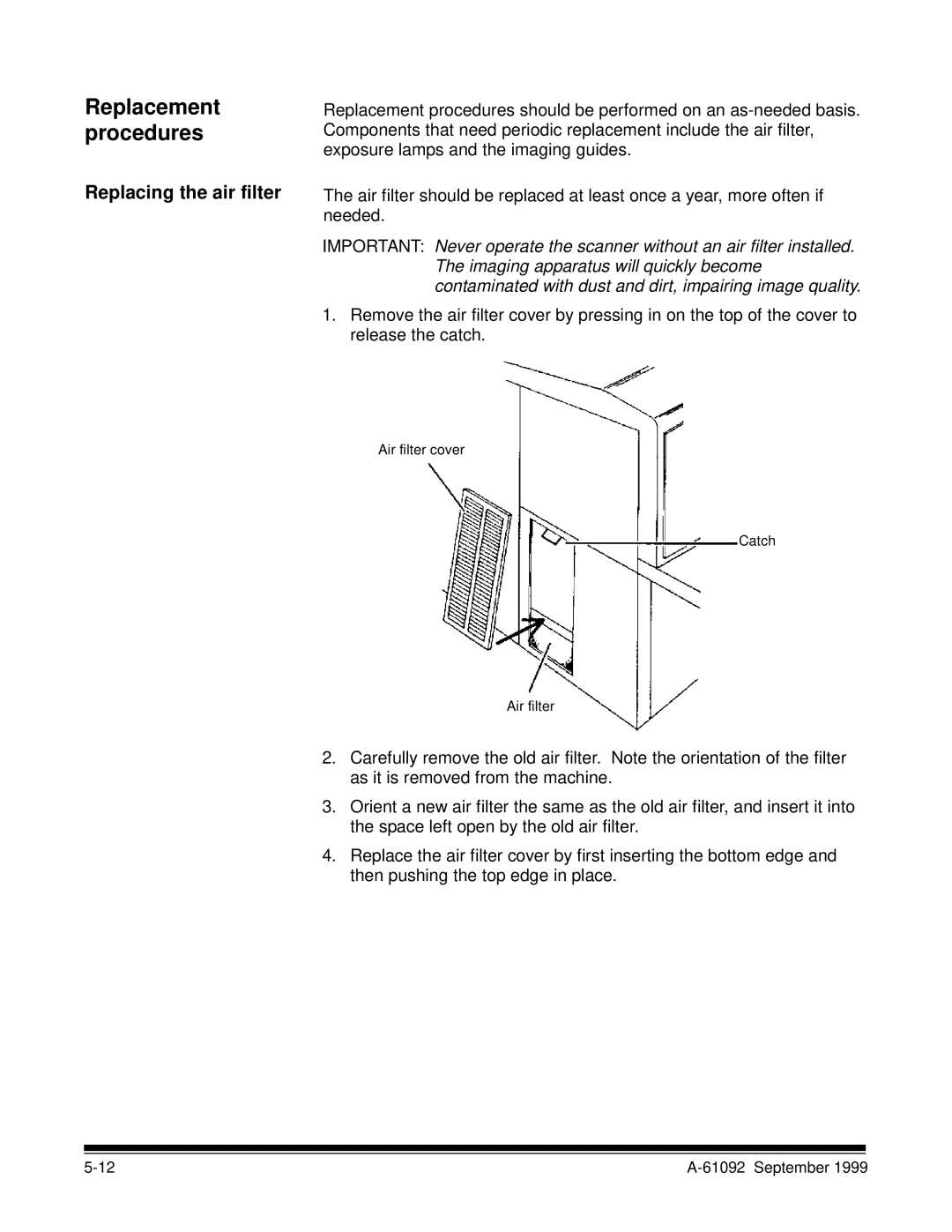 Kodak A-61092 manual Replacement procedures, Replacing the air filter 