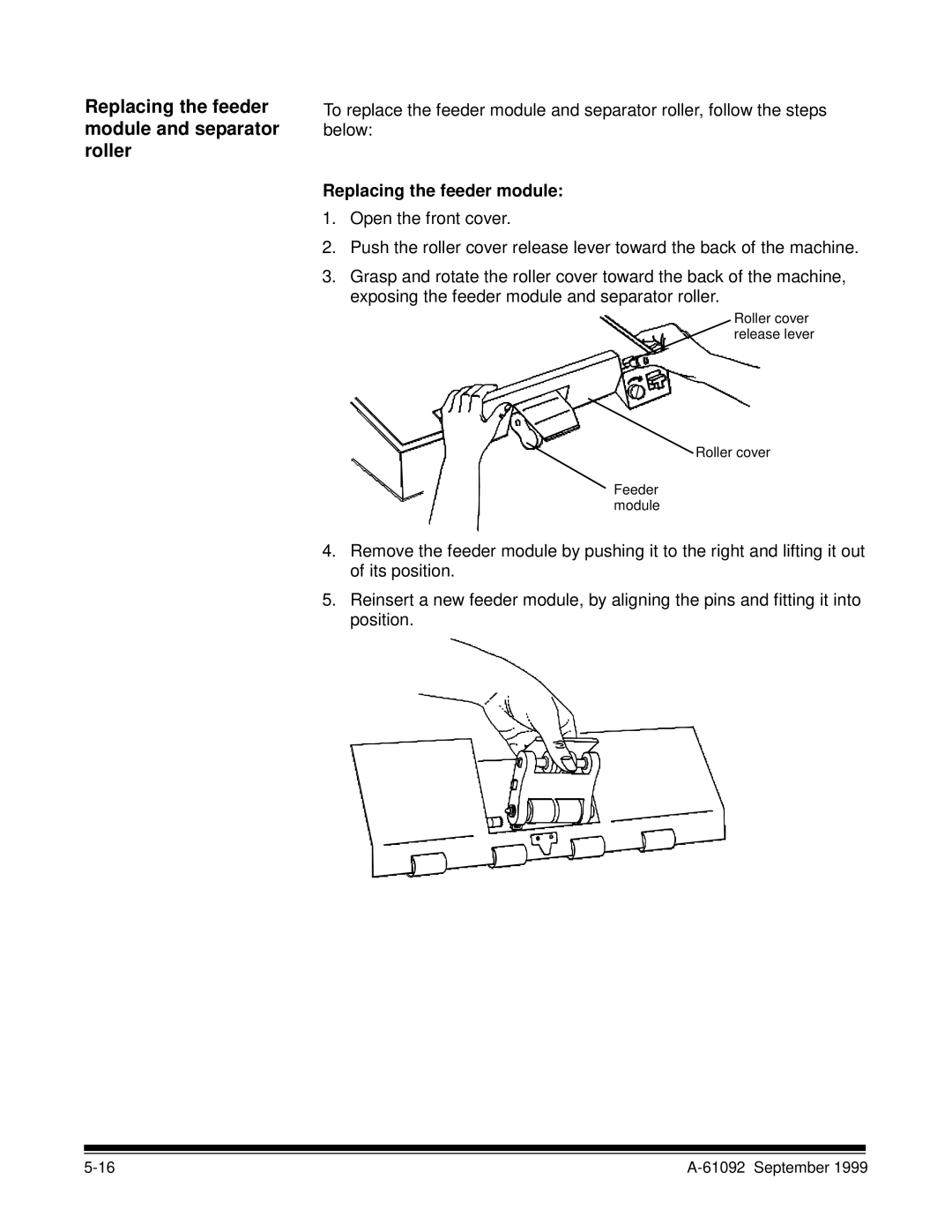 Kodak A-61092 manual Replacing the feeder module and separator roller 