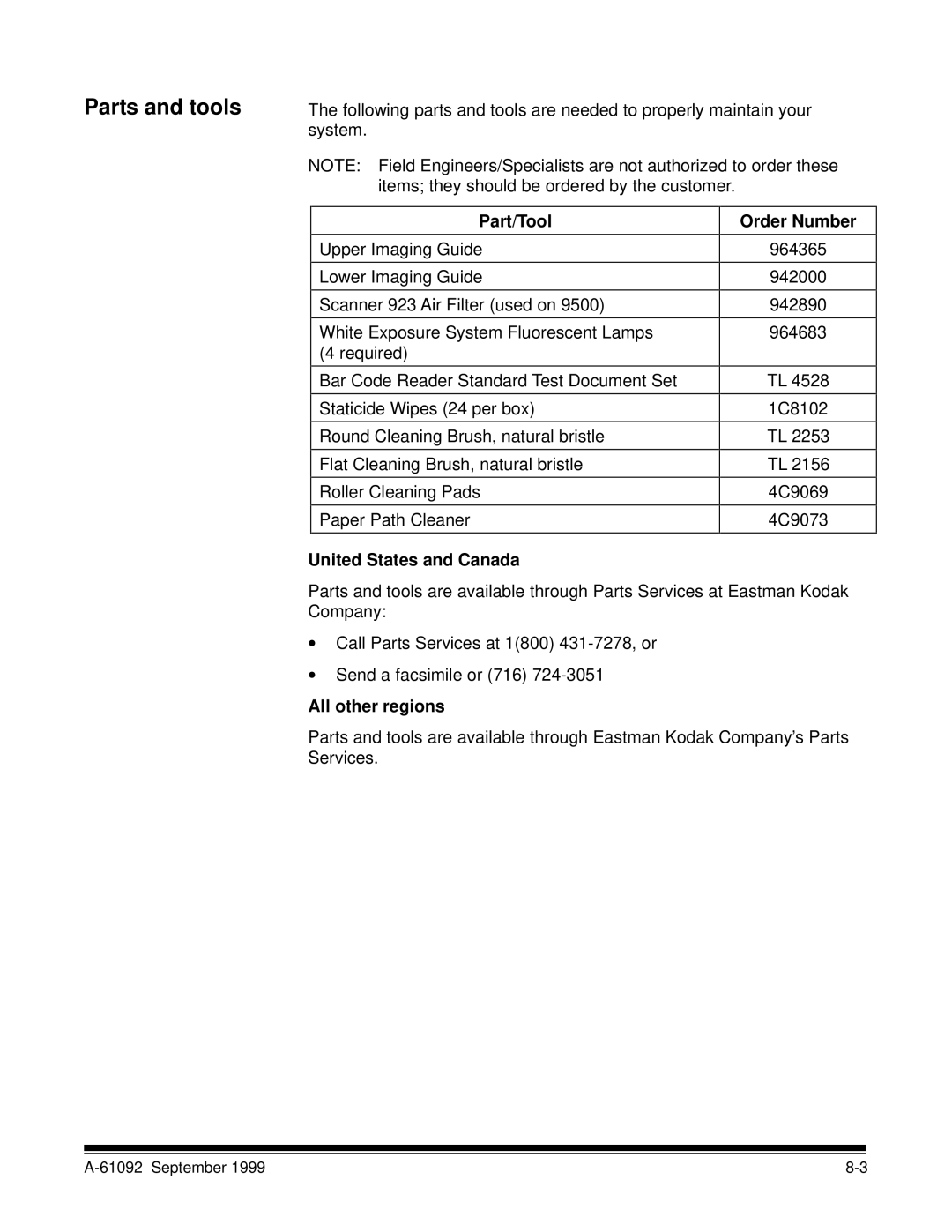 Kodak A-61092 manual Parts and tools, Part/Tool, United States and Canada Order Number, All other regions 