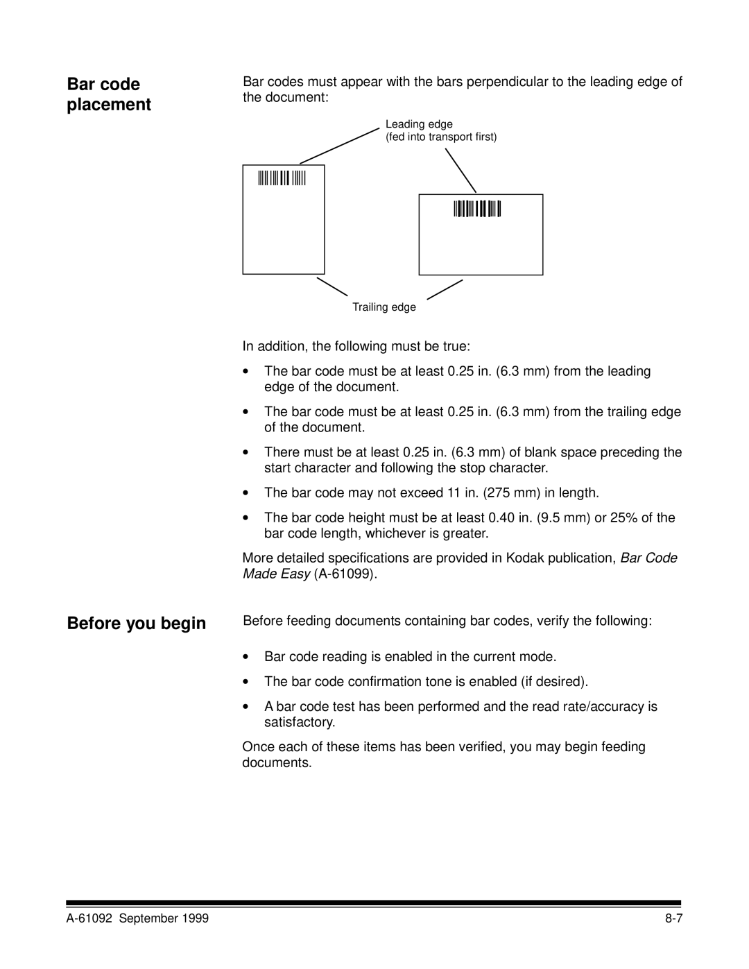 Kodak A-61092 manual Bar code placement Before you begin 