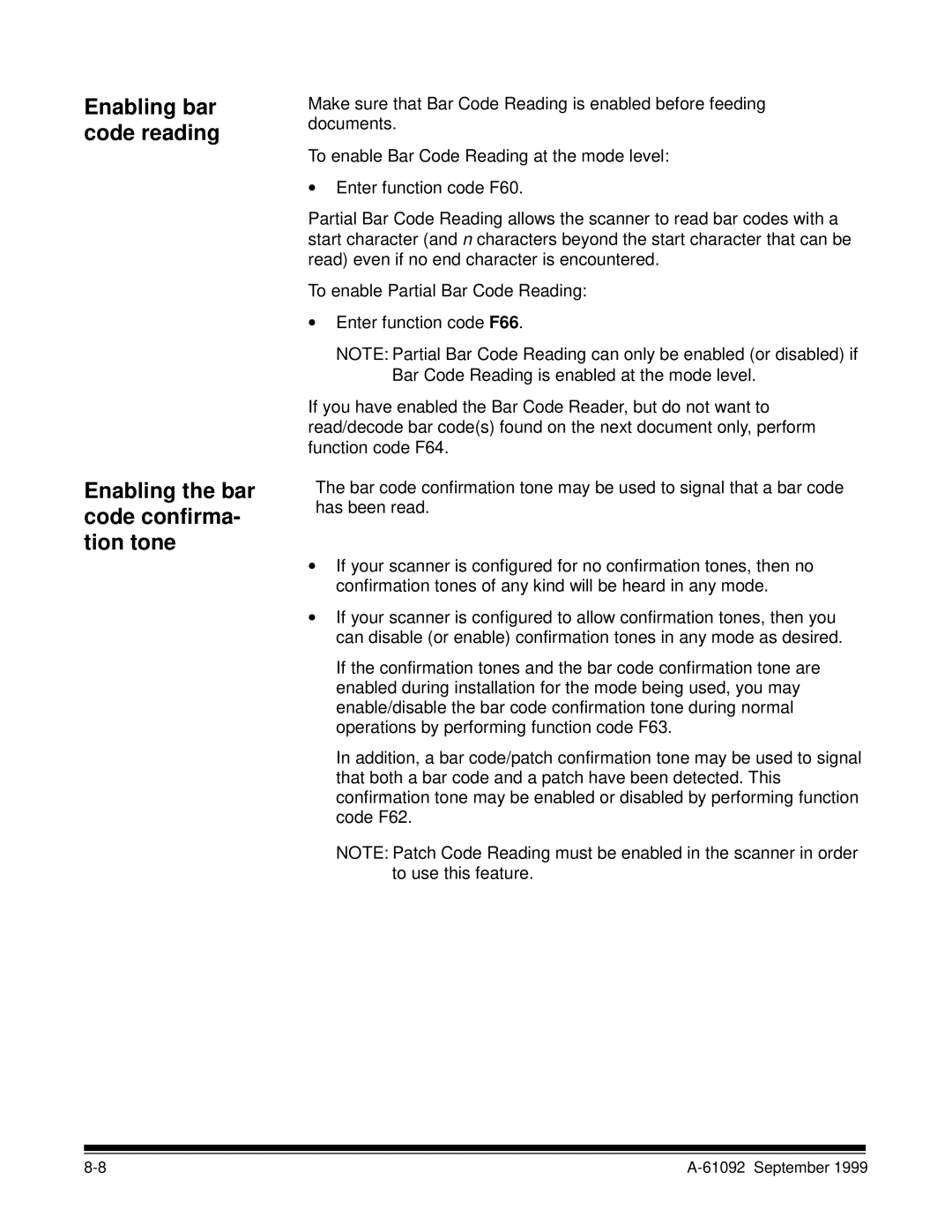 Kodak A-61092 manual Enabling bar code reading, Enabling the bar code confirma- tion tone 