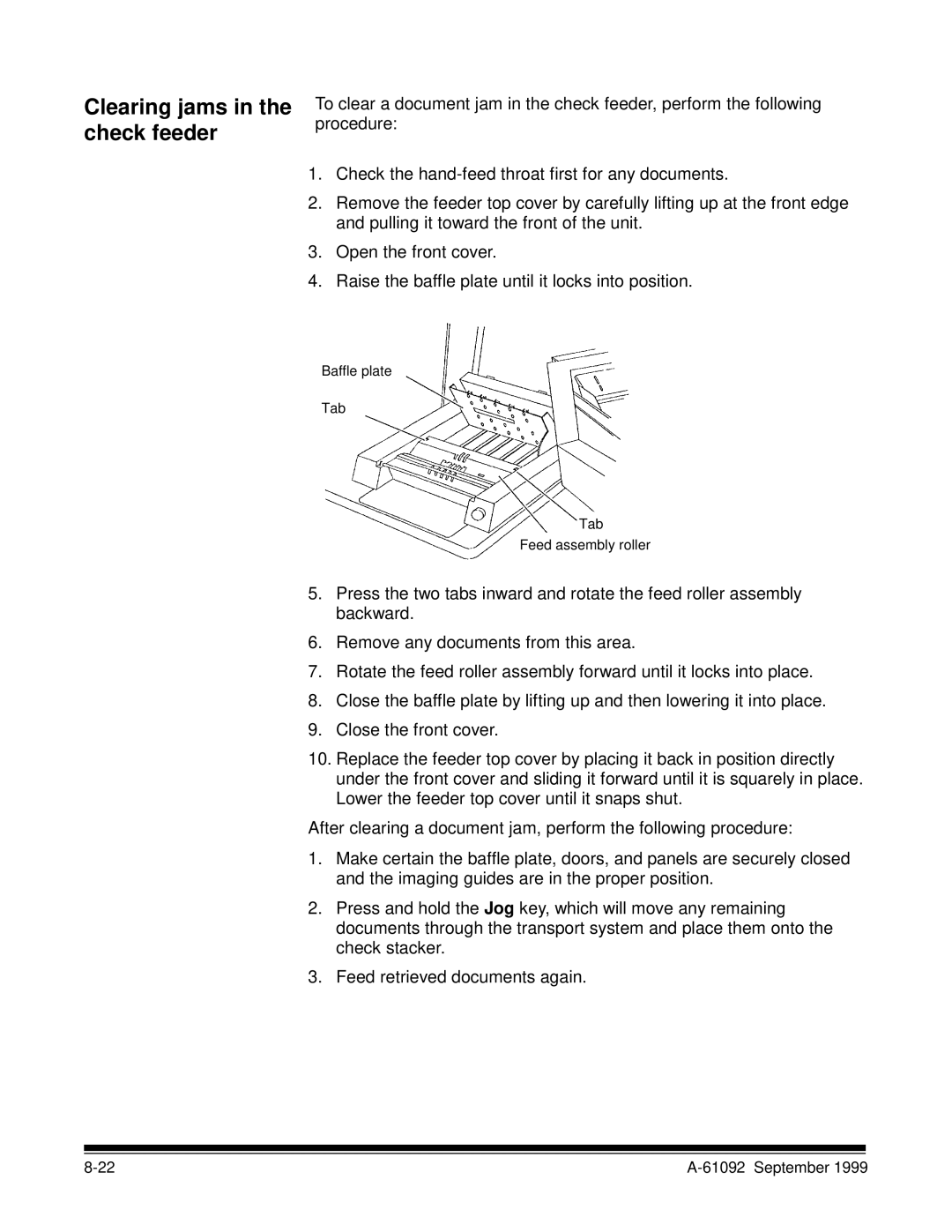 Kodak A-61092 manual Clearing jams in the check feeder 