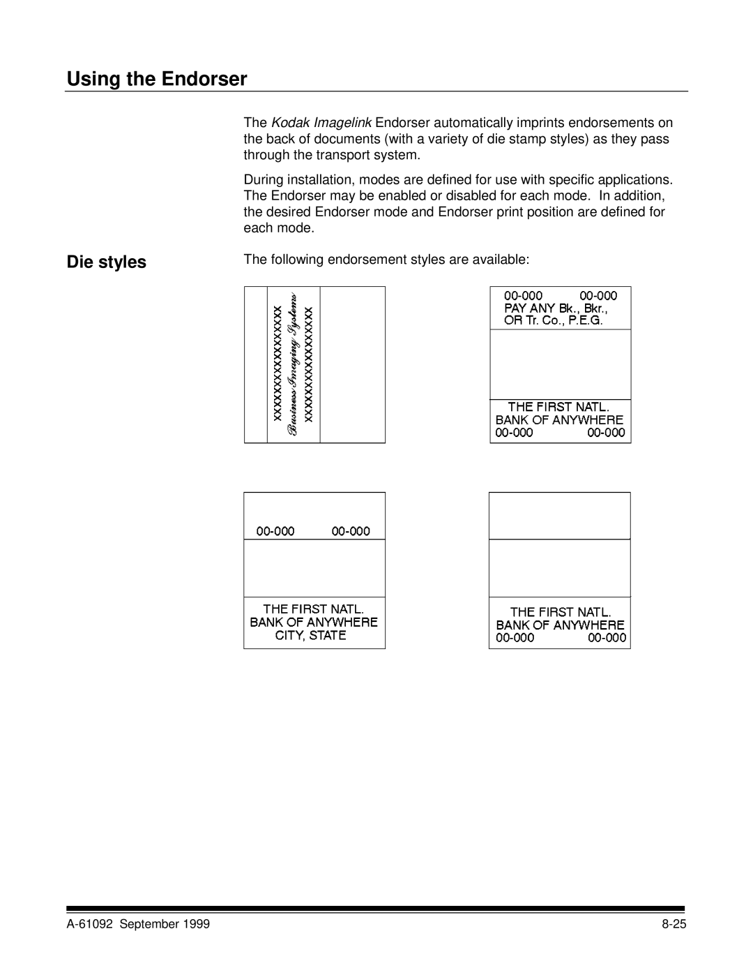 Kodak A-61092 manual Using the Endorser, Die styles 