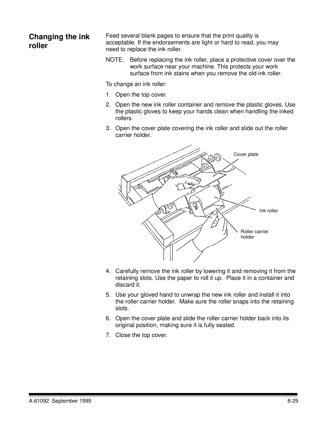 Kodak A-61092 manual Changing the ink roller 